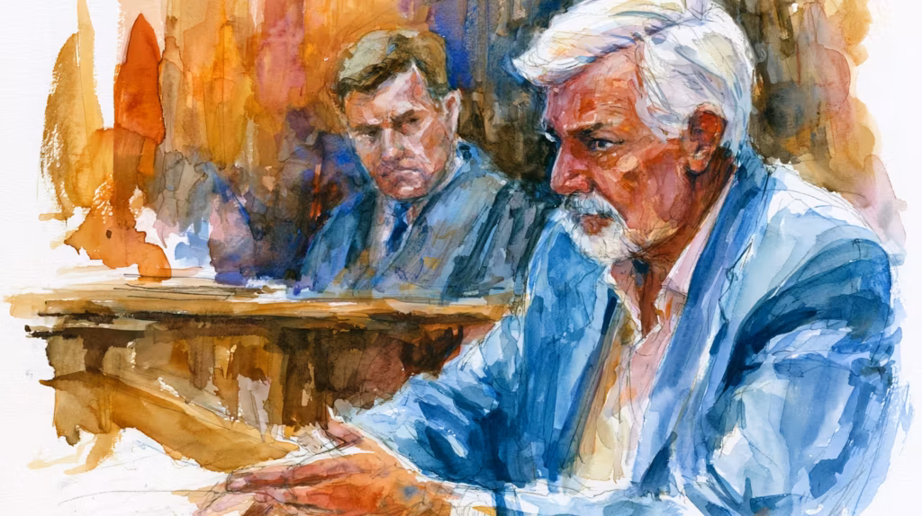 somber watercolor courtroom portrait under warm dramatic indoor light