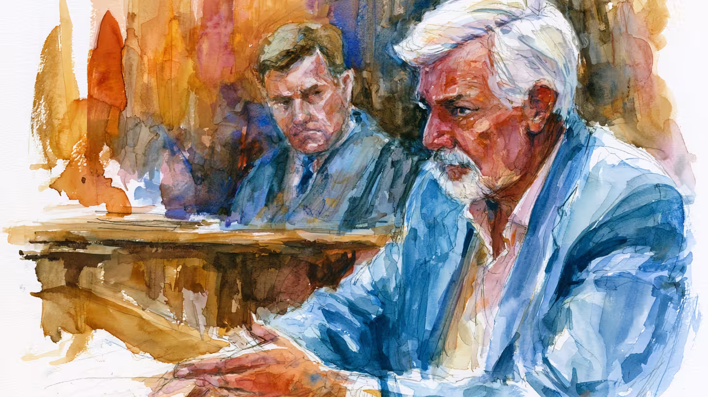 somber watercolor courtroom portrait under warm dramatic indoor light