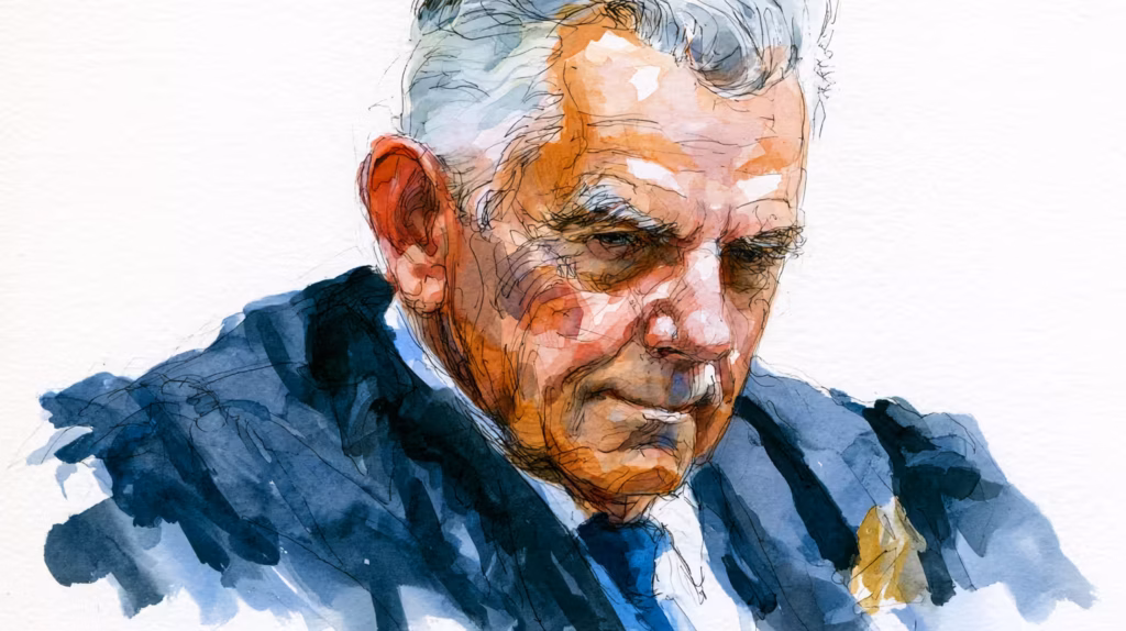 somber watercolor portrait of elderly man in soft daylight