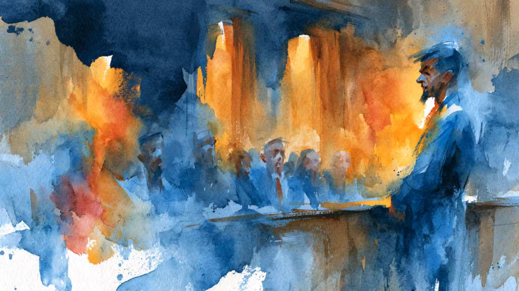 somber watercolor speaker addressing shadowy audience in warm backlight