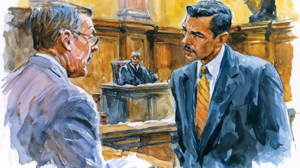 tense courtroom argument between lawyers under warm wooden lighting