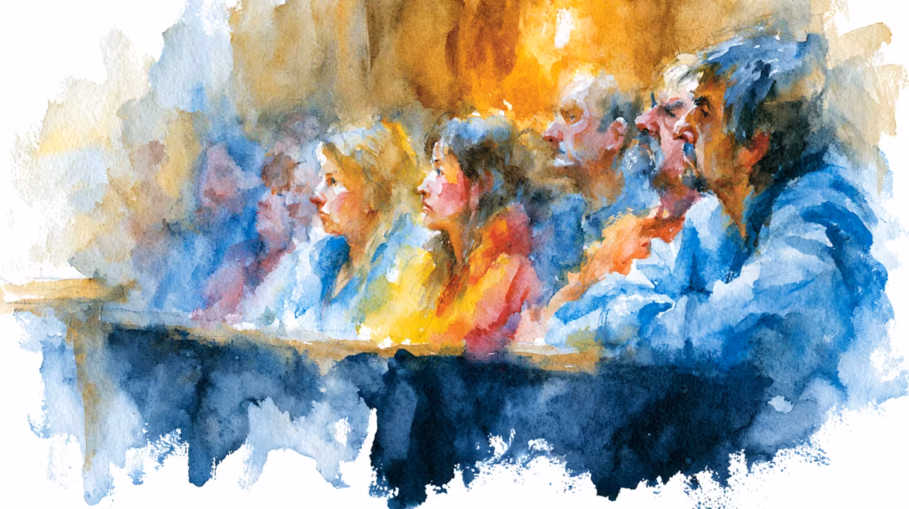 thoughtful audience watching event in warm watercolor lighting mood