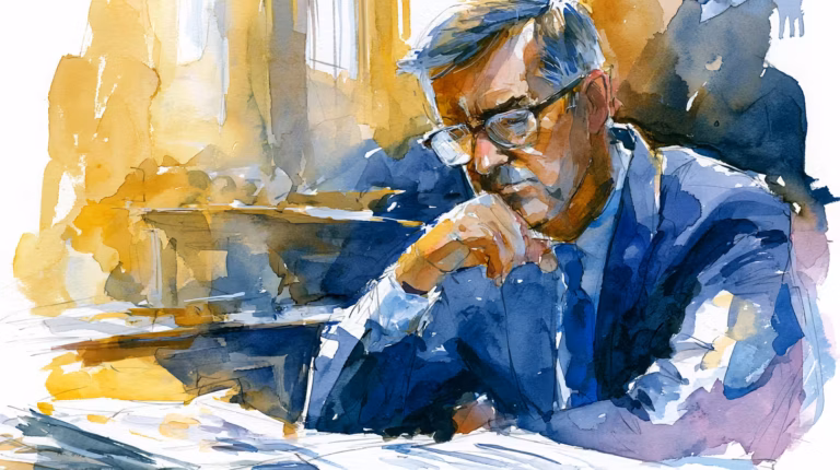 thoughtful businessman in sunlit office watercolor painting calm mood