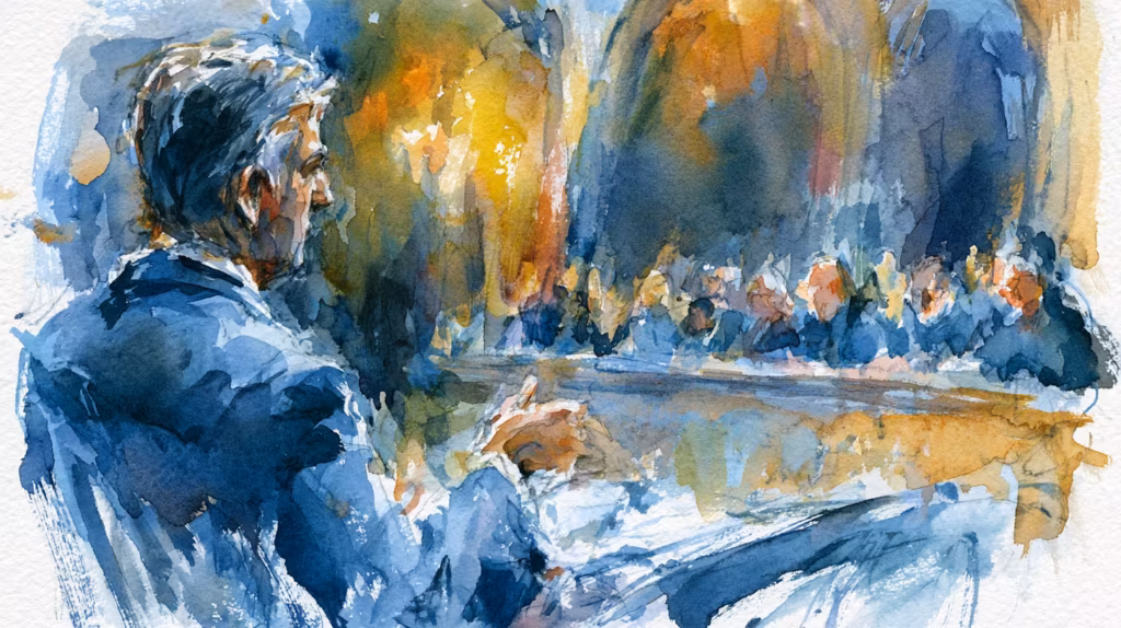 thoughtful speaker addressing audience in warmly lit watercolor hall