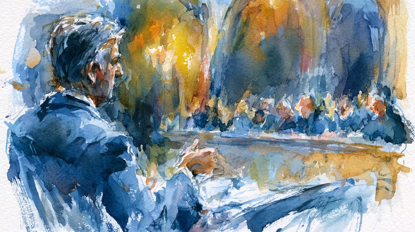 thoughtful speaker addressing audience in warmly lit watercolor hall
