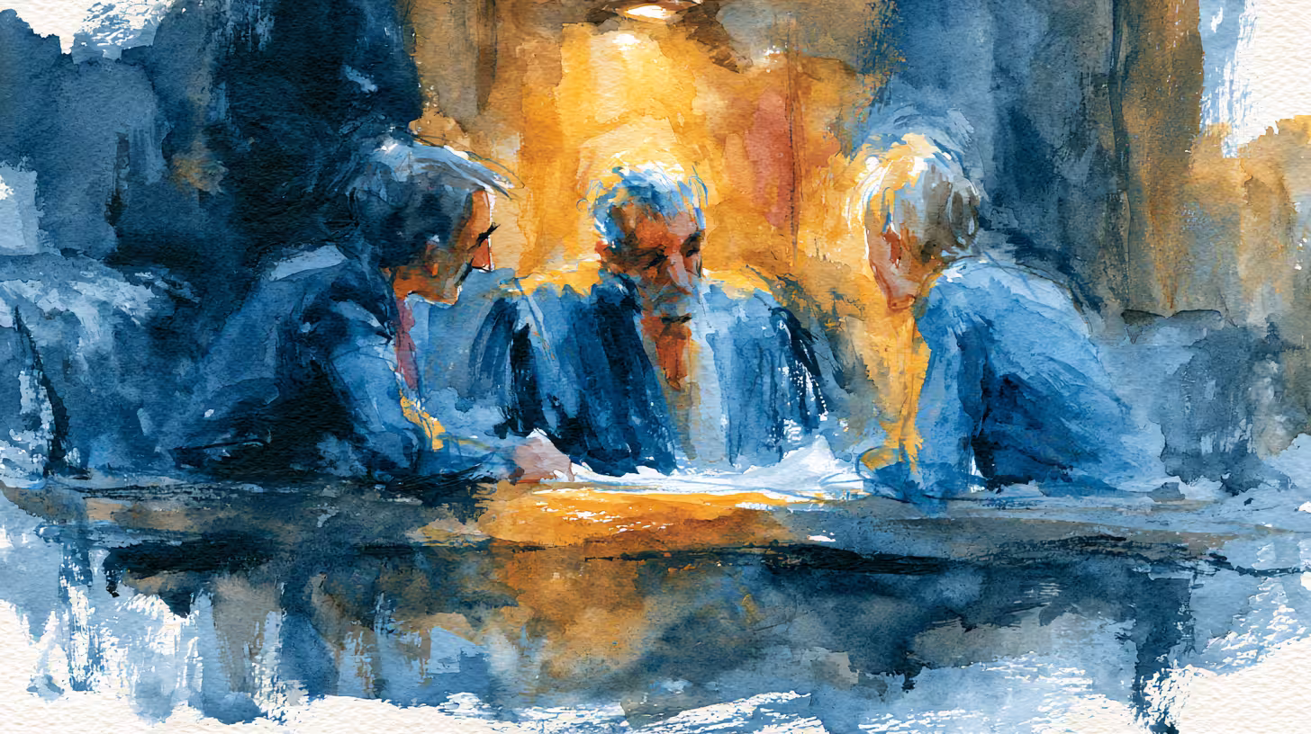 three businesspeople meeting in office warm backlight serious mood