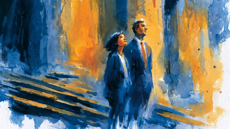 two business people walking through glowing city street at dusk