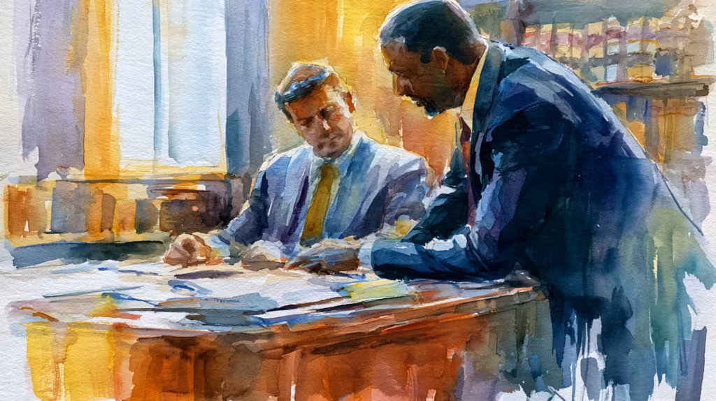 two businessmen reviewing documents in sunlit office warm focused mood
