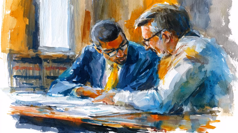 two businessmen reviewing documents in warm sunlit office watercolor mood