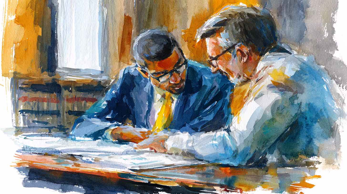 two businessmen reviewing documents in warm sunlit office watercolor mood