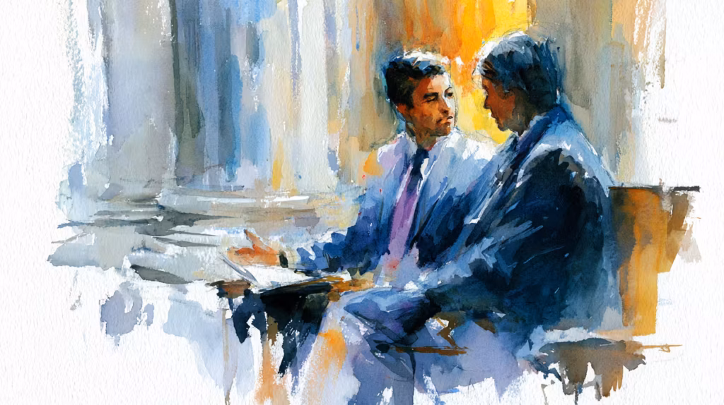 two businessmen talking in sunlit office watercolor painting calm mood