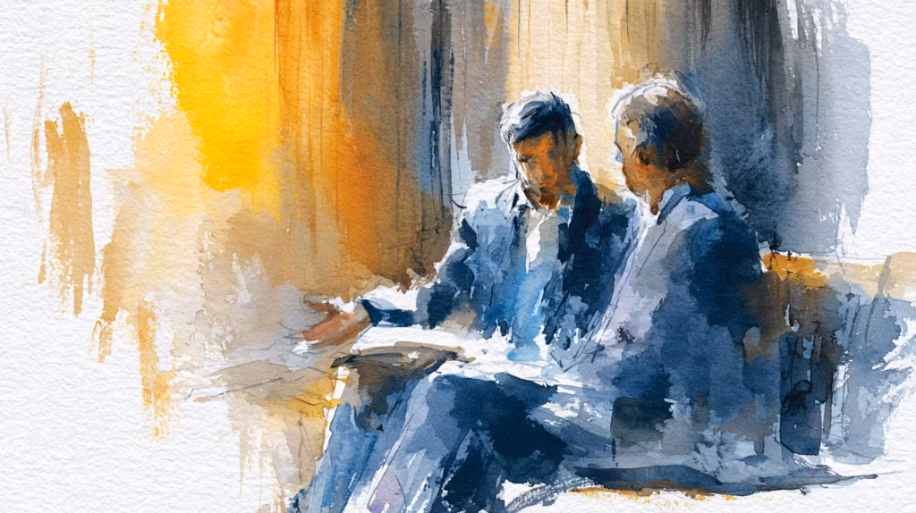 two businesspeople discussing documents in warm window light watercolor mood