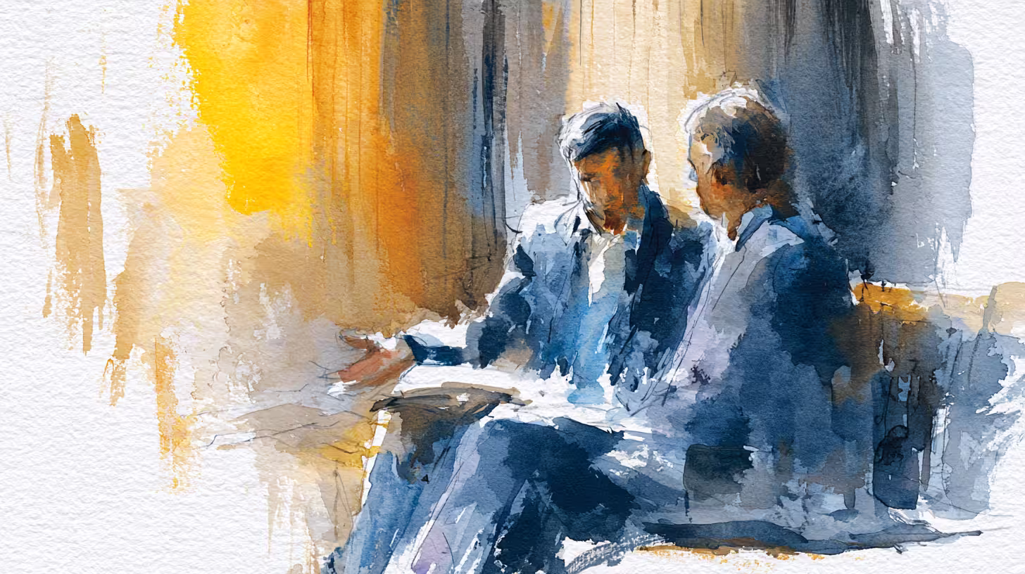 Utah State Capital two businesspeople discussing documents in warm window light watercolor mood