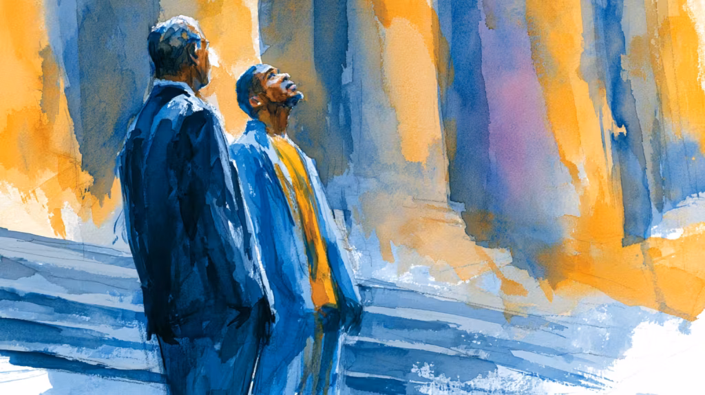 two men in sunlit cathedral watercolor serene contemplative mood