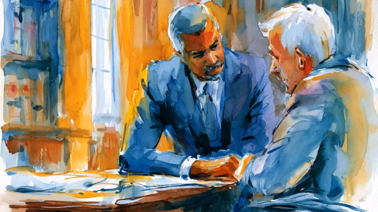 two men in tense conversation in warm lit office watercolor