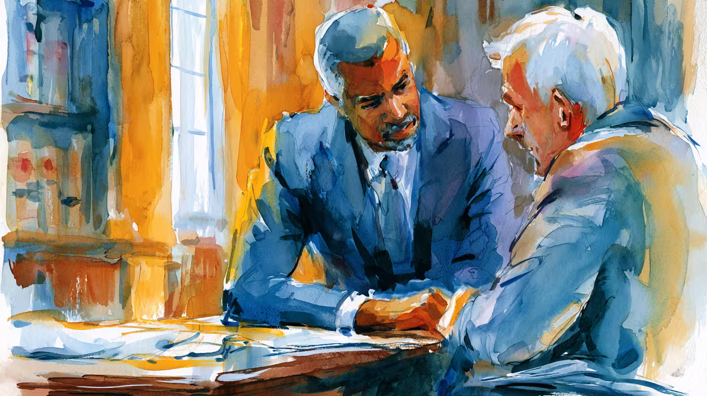 two men in tense conversation in warm lit office watercolor
