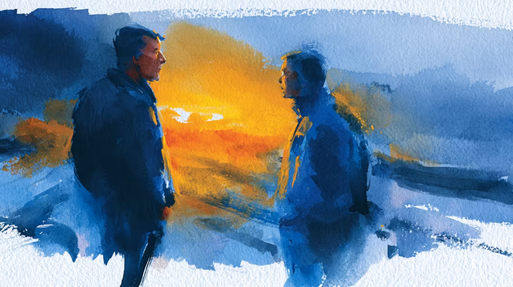 two men standing on road at glowing sunset watercolor mood