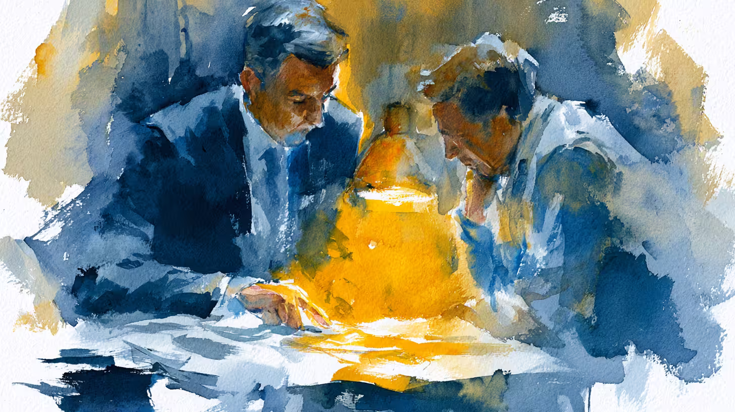 two men studying documents by warm lamp in moody office