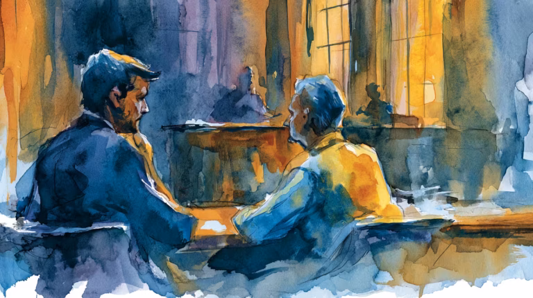 two men talking in shadowy room with warm windowlight mood