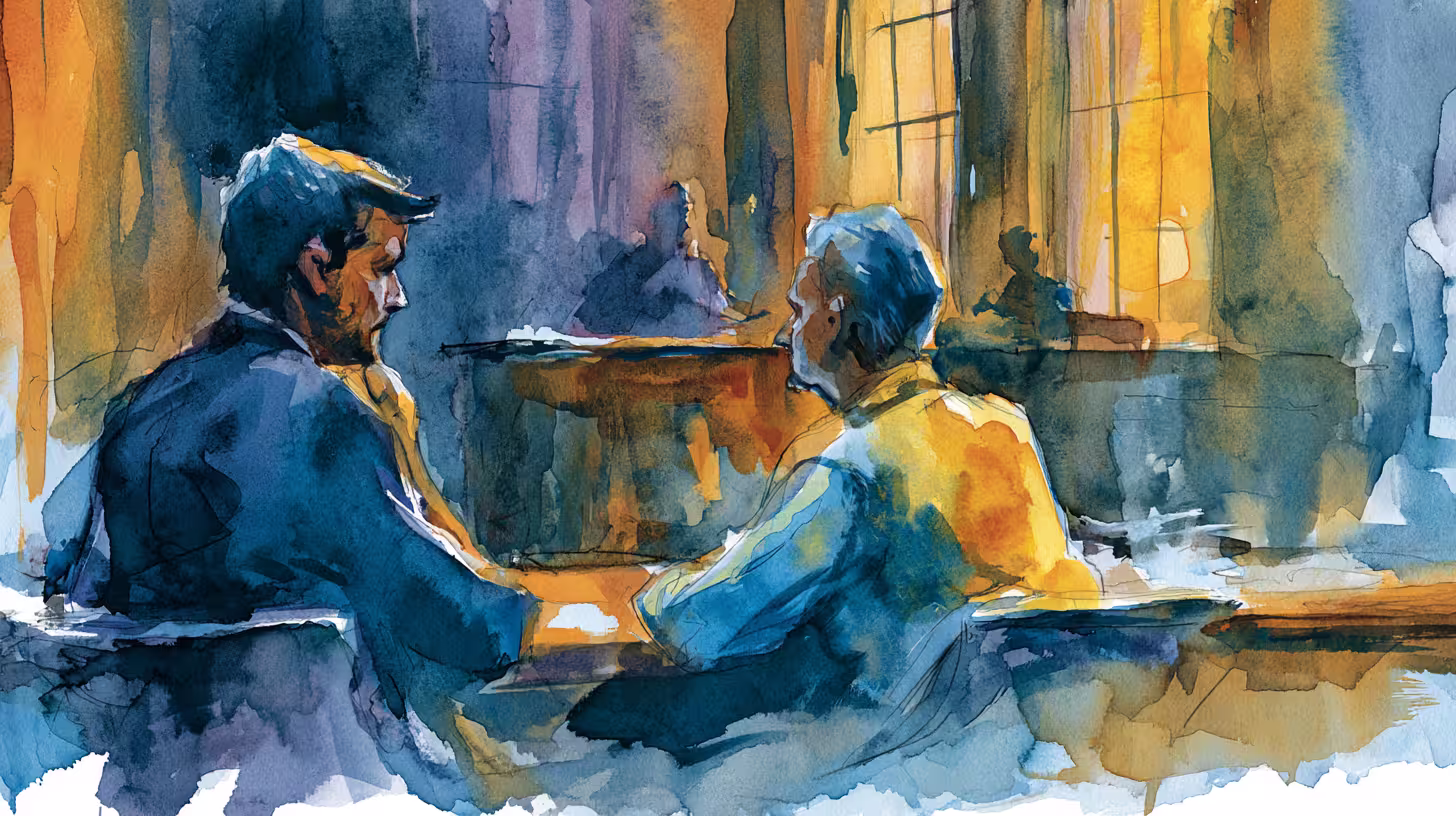 two men talking in shadowy room with warm windowlight mood