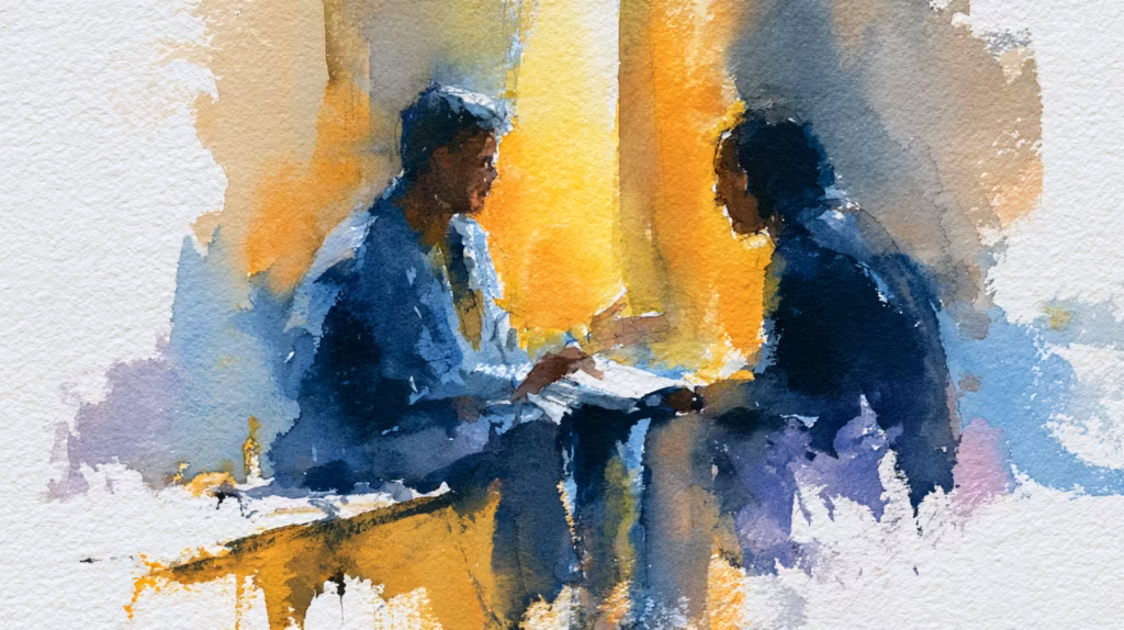 two people in warm sunlit room having quiet conversation