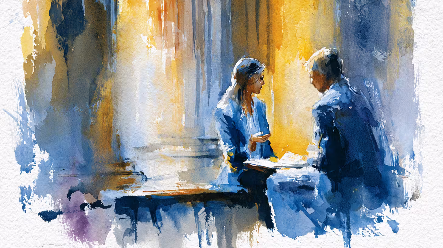 two people talking in warm windowlight moody watercolor illustration