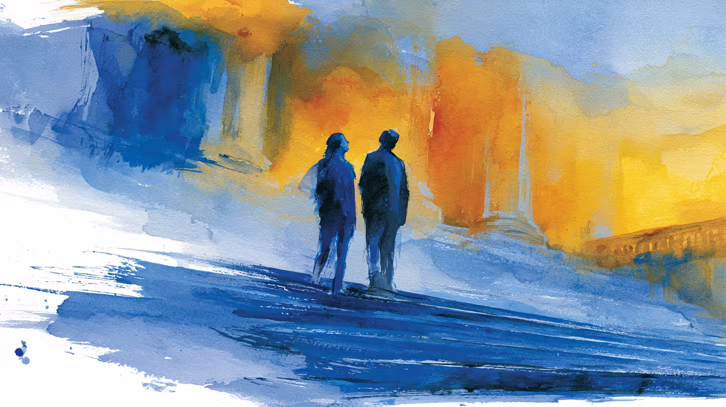 two silhouetted figures walking through glowing misty street at dusk