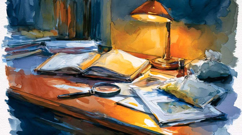 warm desk lamp illuminates open books in cozy study room