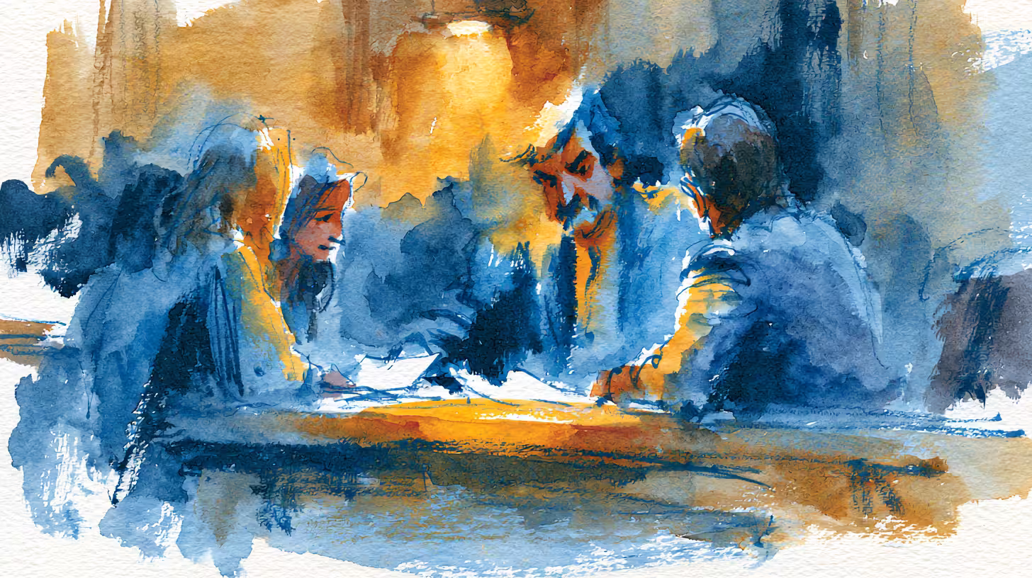 warm lit watercolor office meeting around table focused collaboration