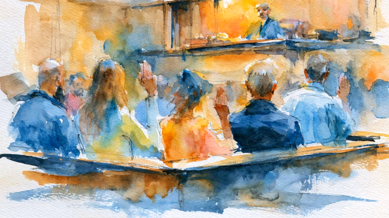 warm watercolor audience raising hands in sunlit courtroom hearing