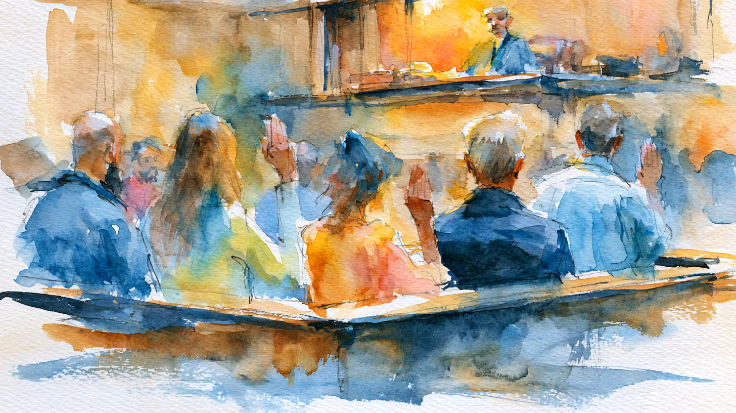 warm watercolor audience raising hands in sunlit courtroom hearing