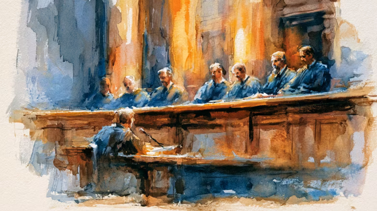 warm watercolor courtroom judges on bench in somber light