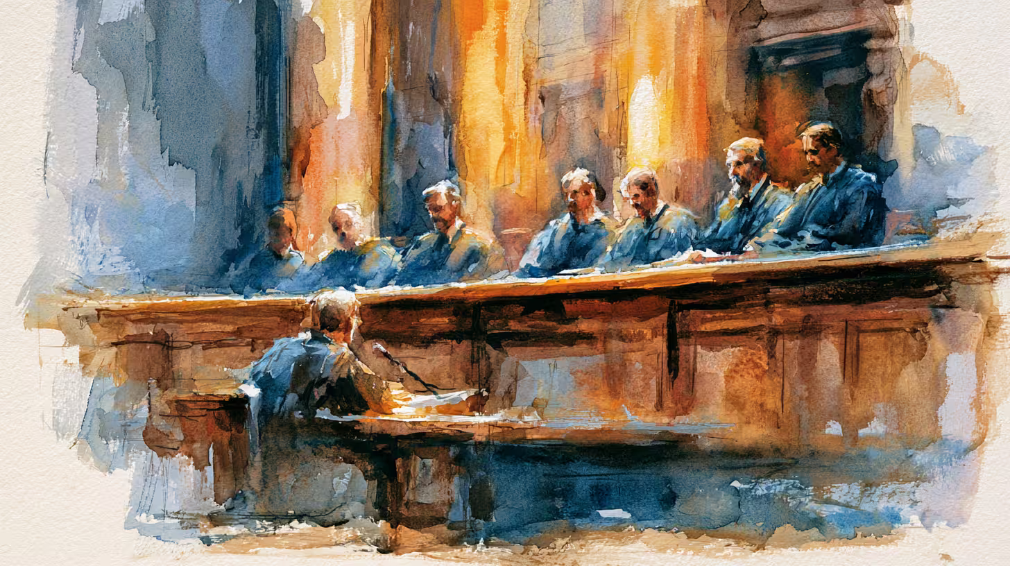warm watercolor courtroom judges on bench in somber light
