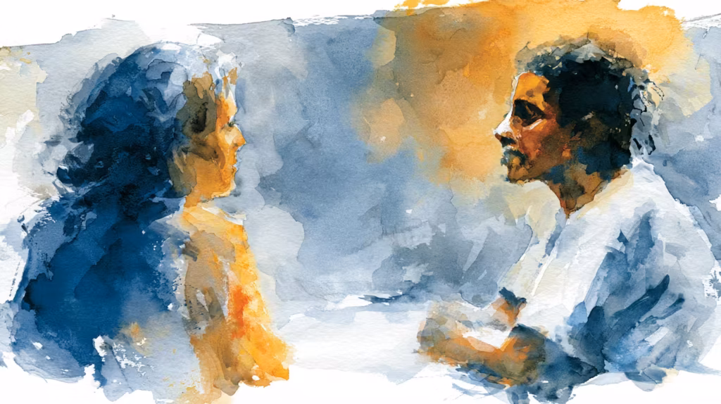 watercolor couple facing each other in soft warm lighting mood