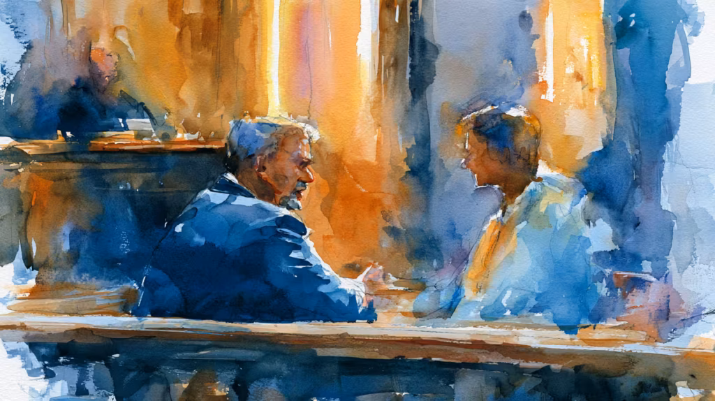 watercolor couple talking in sunlit cafe warm dreamy mood