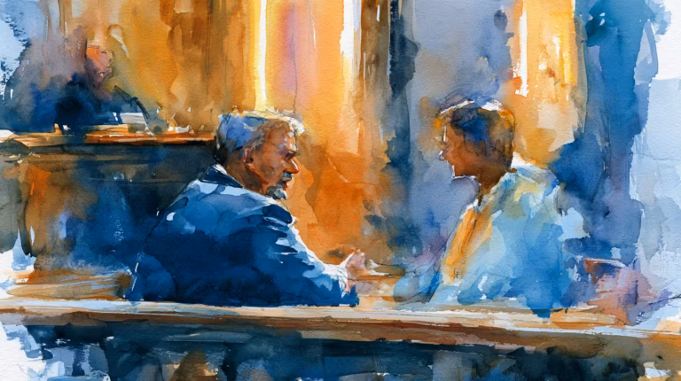 watercolor couple talking in sunlit cafe warm dreamy mood