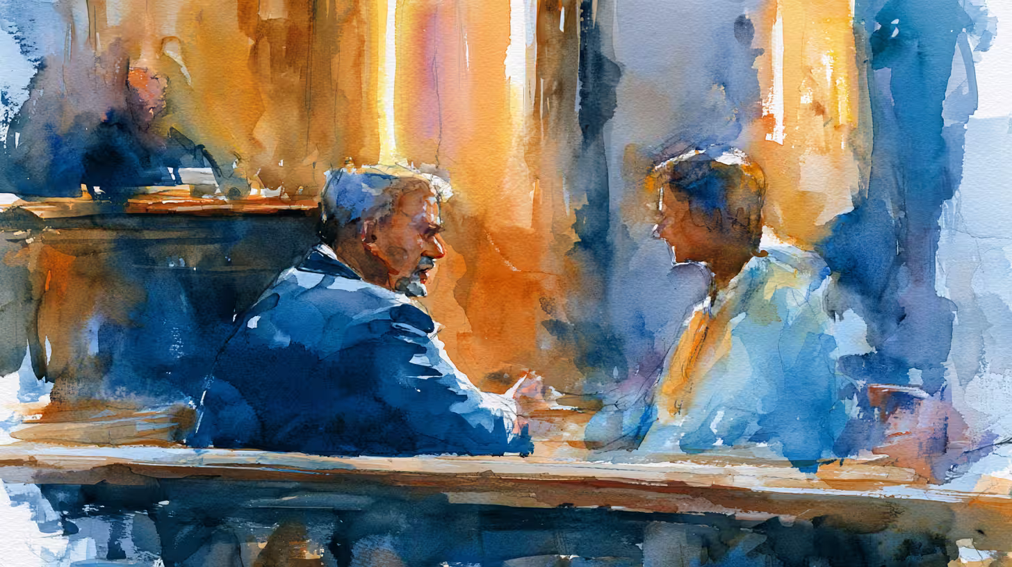 watercolor couple talking in sunlit cafe warm dreamy mood