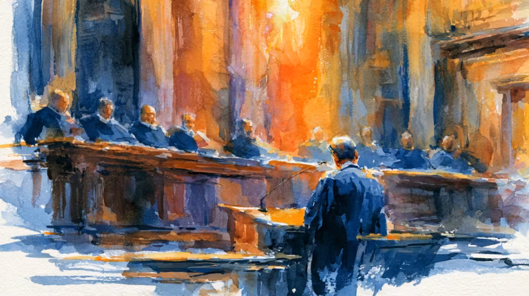 watercolor courtroom hearing with lawyer at podium warm lighting