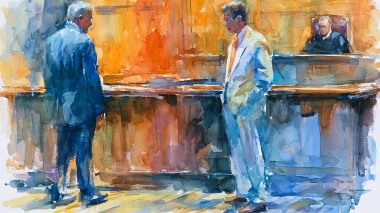 watercolor courtroom hearing with lawyers under warm ambient light
