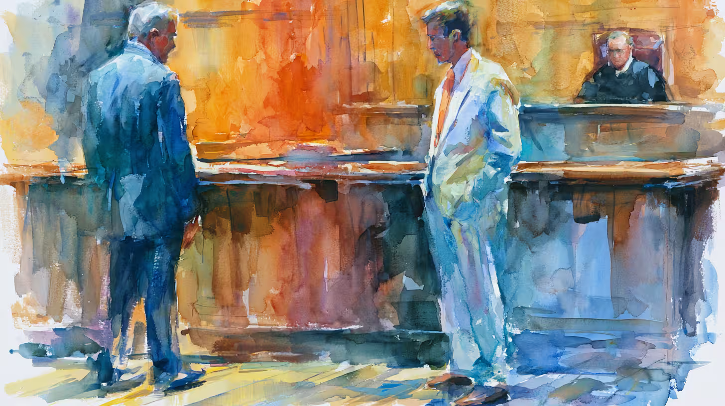 watercolor courtroom hearing with lawyers under warm ambient light