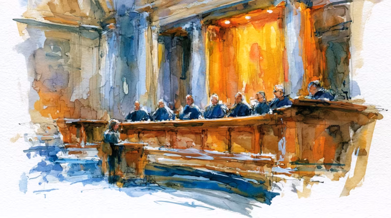 watercolor courtroom scene with judges in warm glow