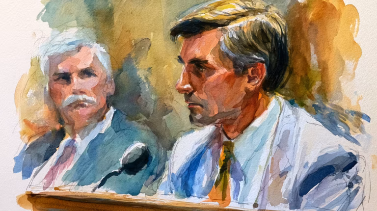 watercolor courtroom testimony scene under warm light tense mood