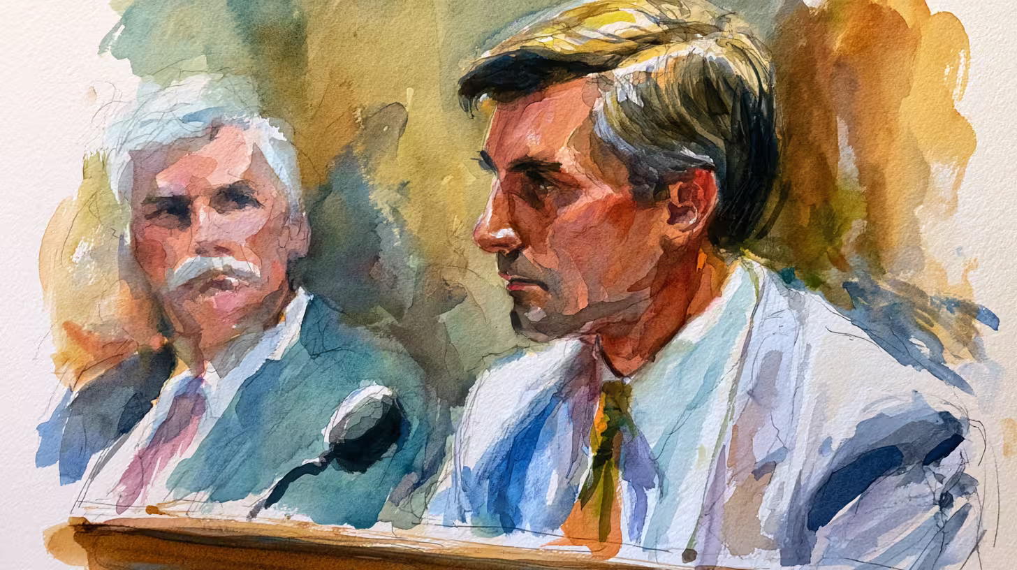watercolor courtroom testimony scene under warm light tense mood