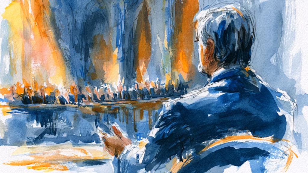 watercolor man watching city crowd in warm evening light