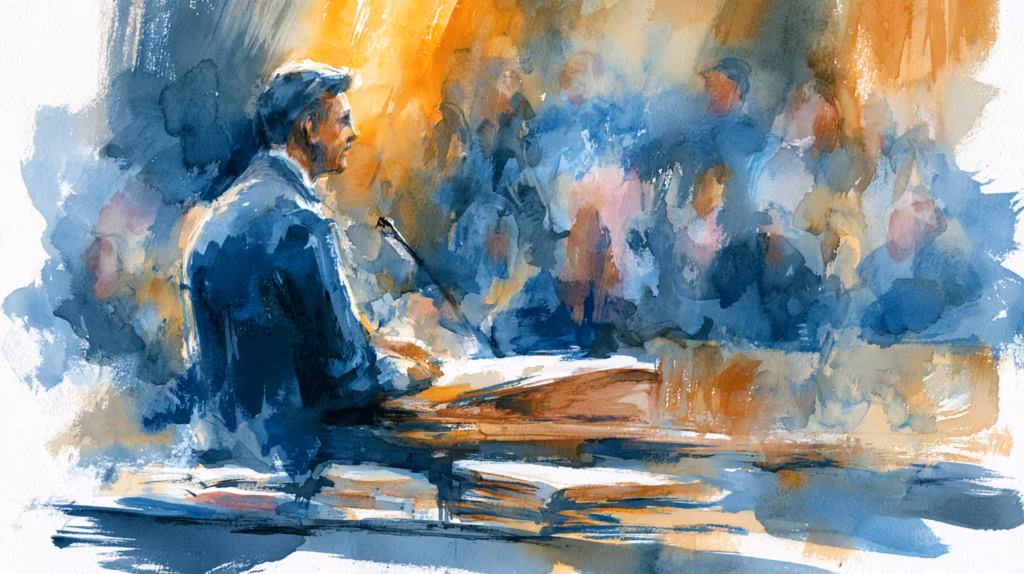 watercolor speaker at podium in warm light before crowd