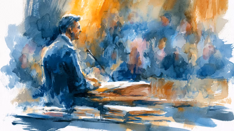 watercolor speaker at podium in warm light before crowd