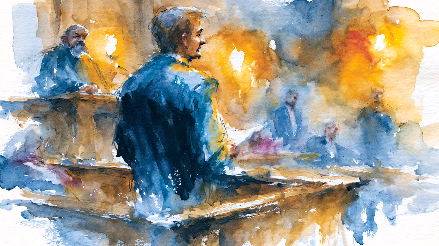 A Guide to Filing an Appeal in Utah 6 watercolor woman speaking in courtroom warm light tense mood