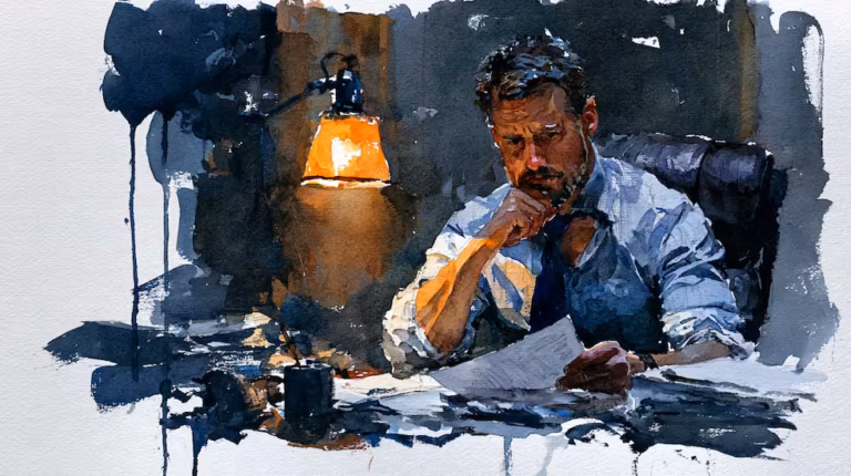 Lotus Appellate Law 4 pensive man reading documents in dim lamplit office watercolor